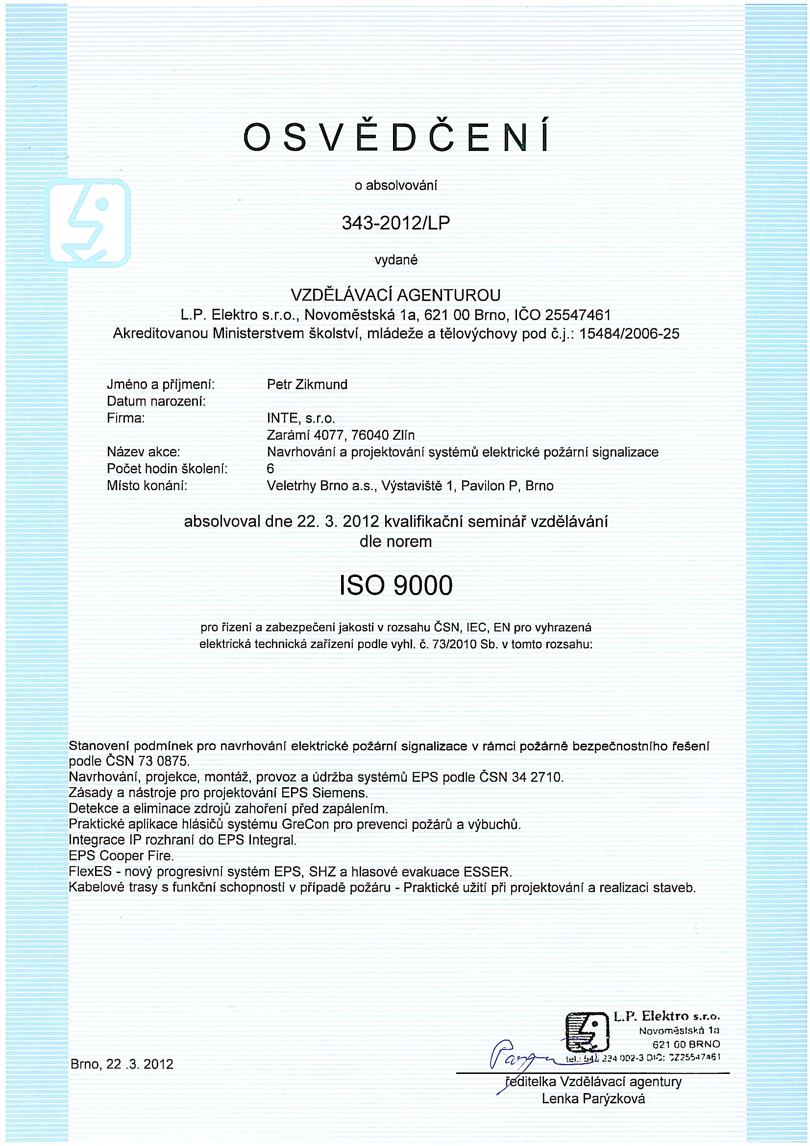 Osvědčení L.P. elektro_navrhování, projekce, montáž a údržba systémů EPS_22.03.2012