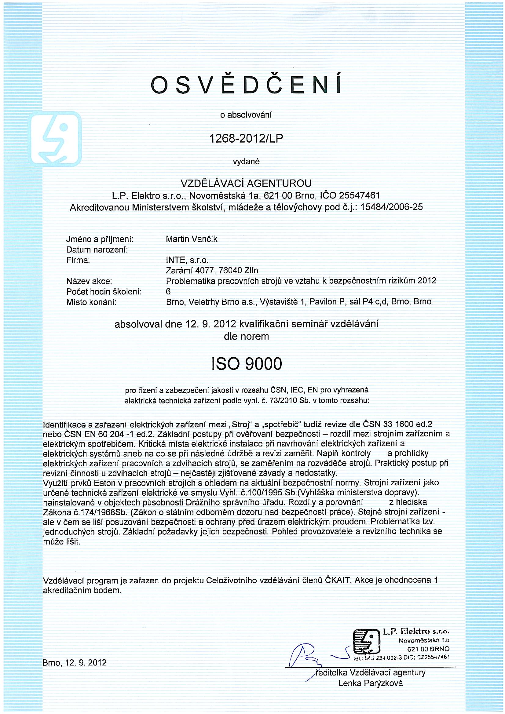 Osvědčení L.P. elektro_revize strojů a spotřebičů_12.09.2012