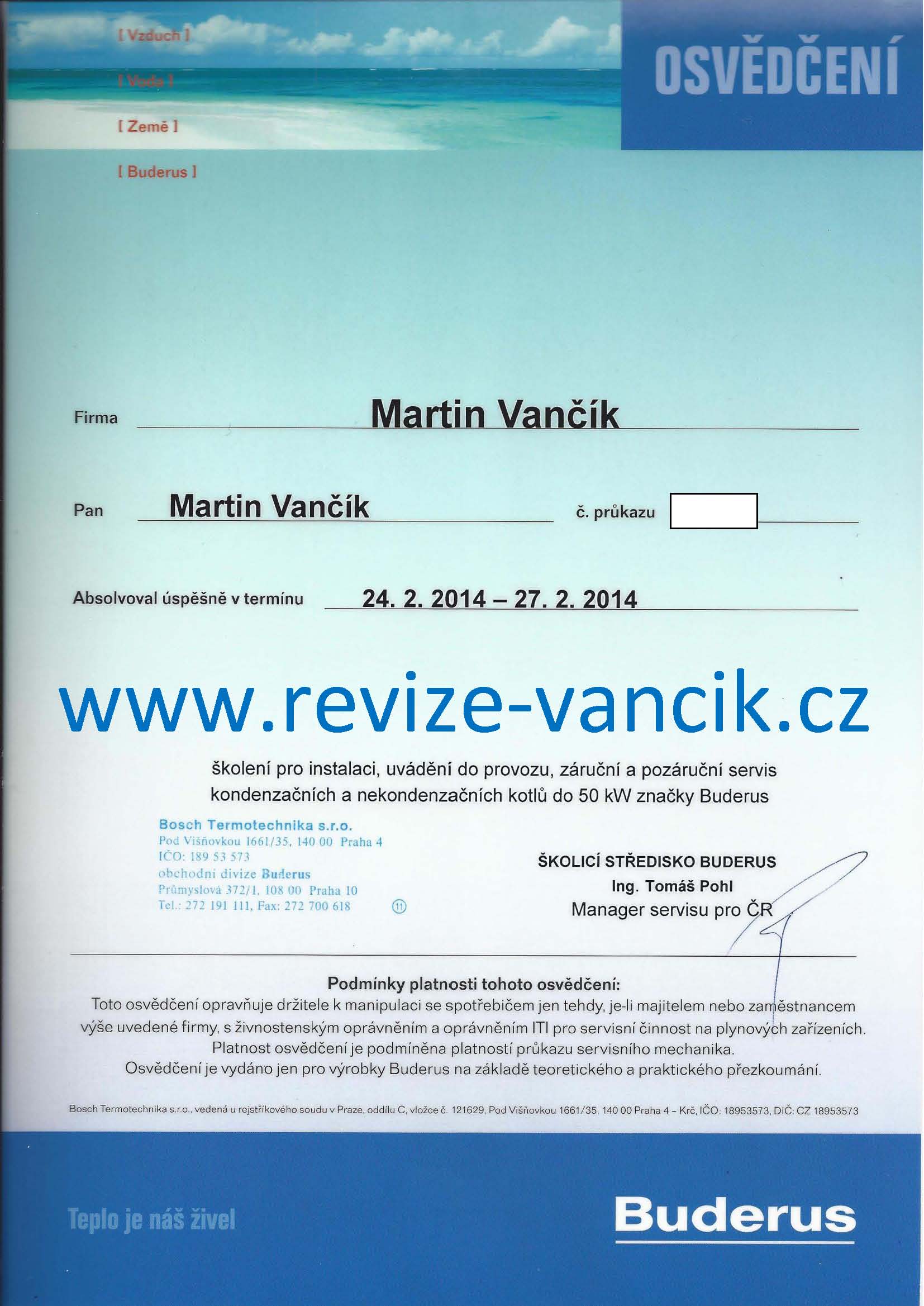 Certifikát BUDERUS_Vančík_2014