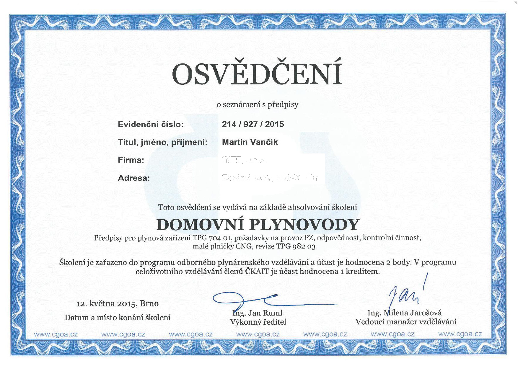 Osvědčení o školení_Domovní Plynovody_Brno_12.05.2015
