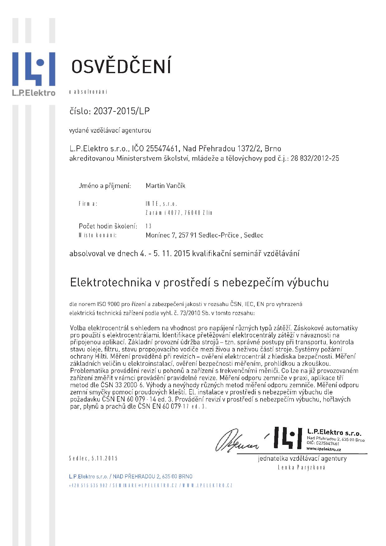 Osvědčení L.P. elektro_Elektrotechnika v prostředí s nebezpečím výbuchu_04.-05.11.2015