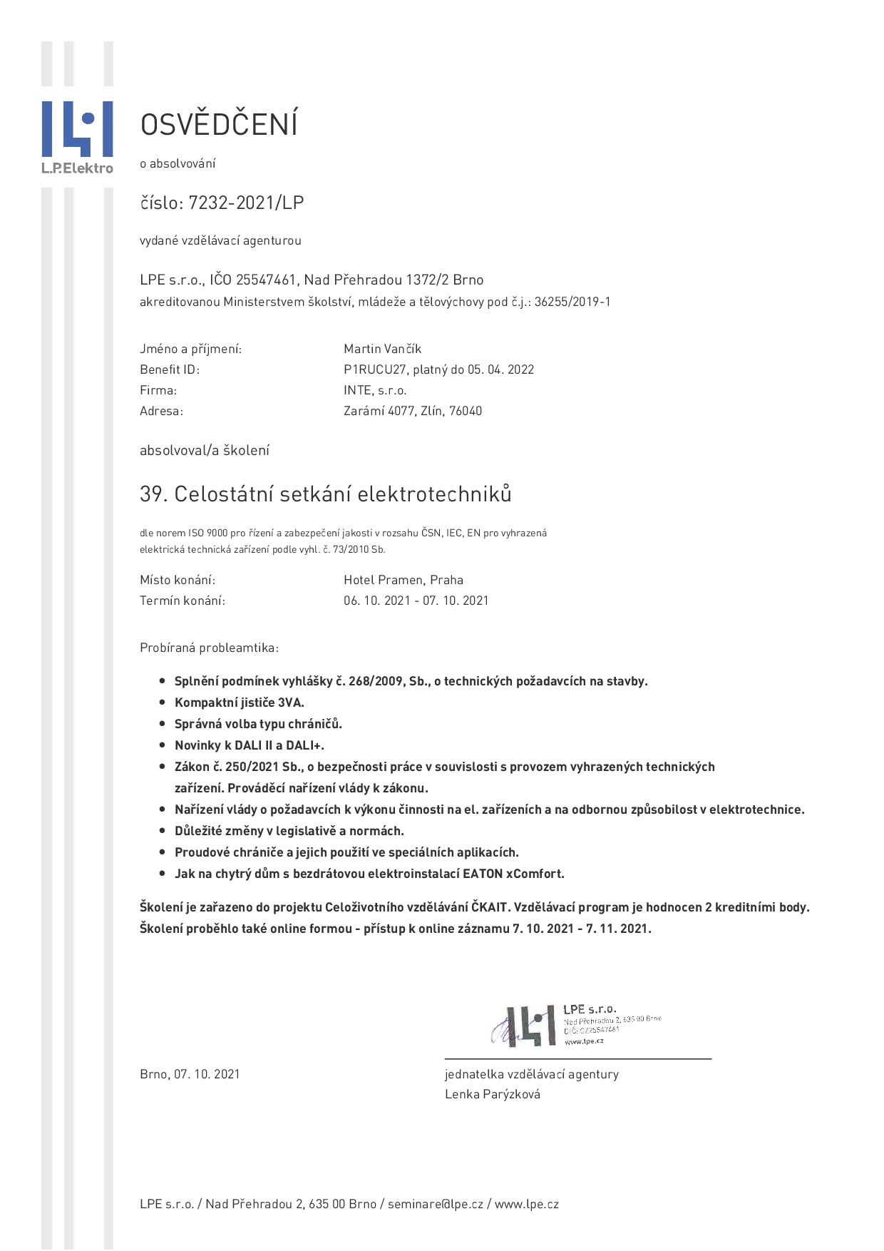 Osvědčení L.P. elektro_39. celostátní setkání elektrotechniků_06.-07.10.2021