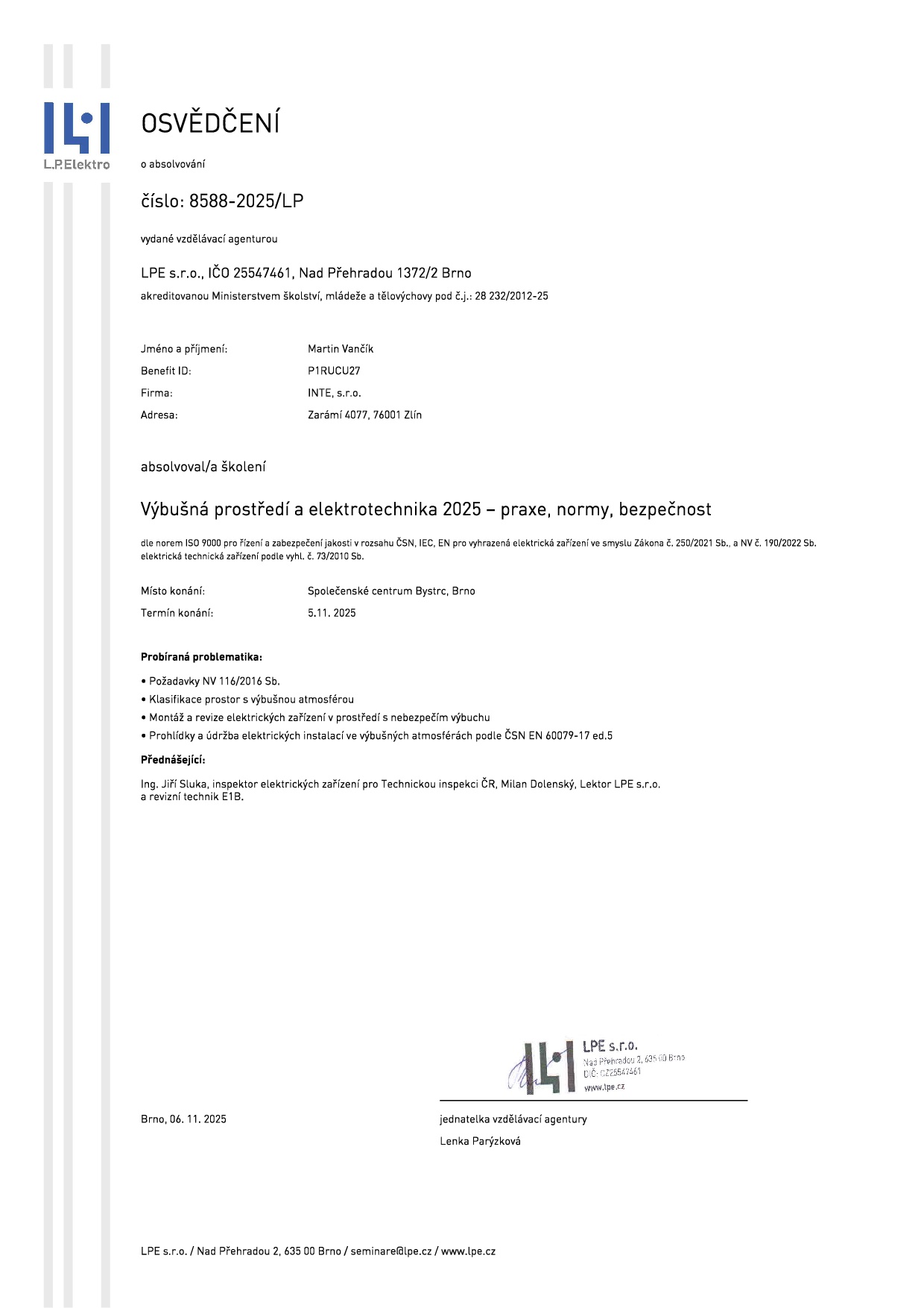 Osvědčení_LP Elektro_Výbušná prostředí_Brno_05.11.2025